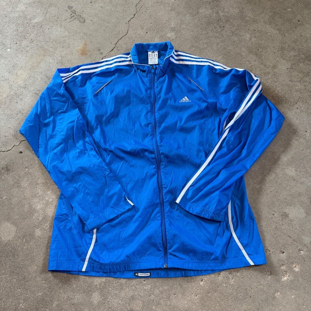Adidas Response Jacket Mens XL Blue Full Zip Windbreaker 3 Stripe Running
